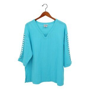 Cottonseed V-neck 3/4 Open Peek Sleeve Gauze Tunic Top L